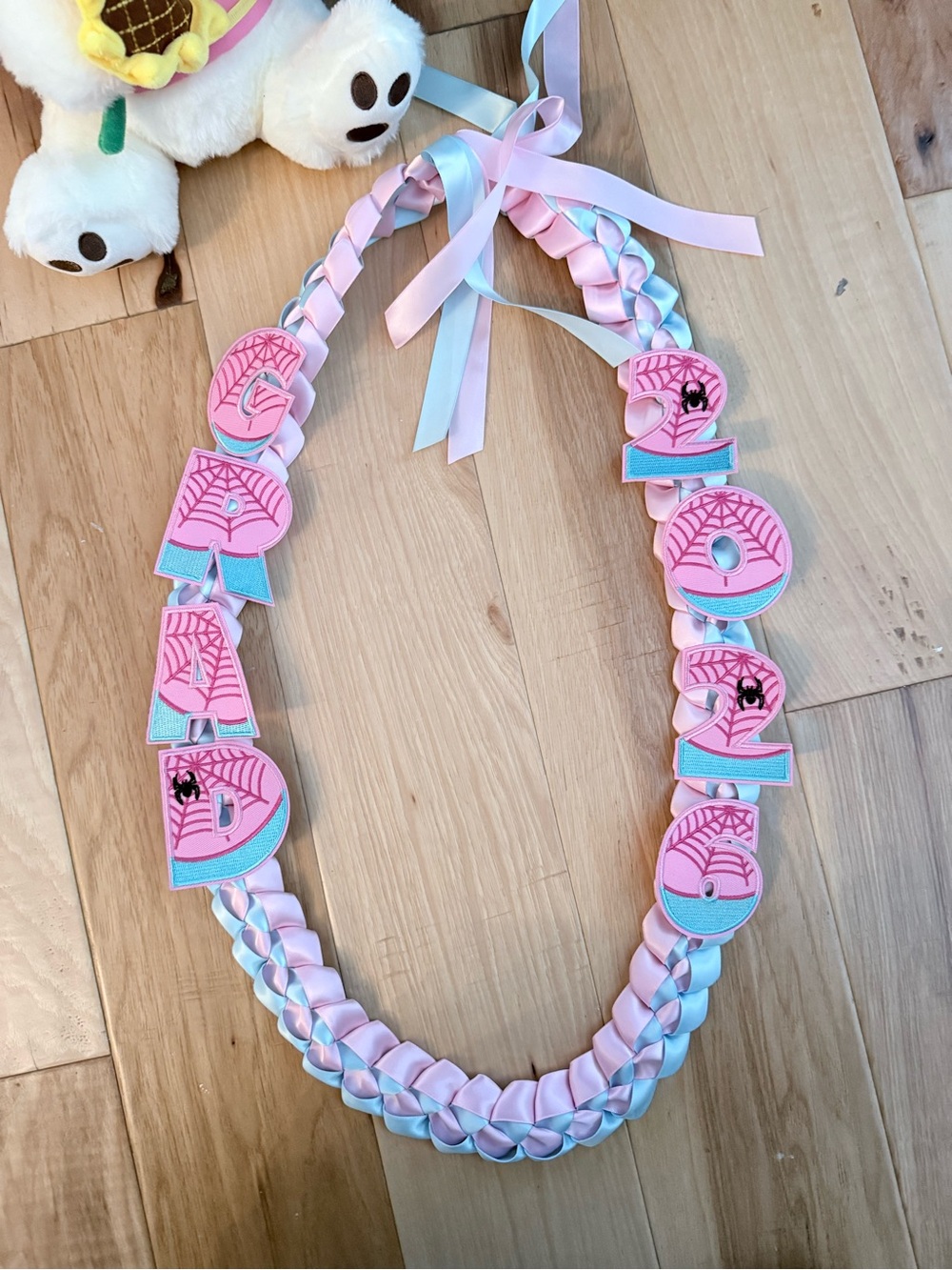 Pink & Light Blue Braided Letter Lei with Spider Web Appliqués, graduation 2026 - Picture 2 of 6